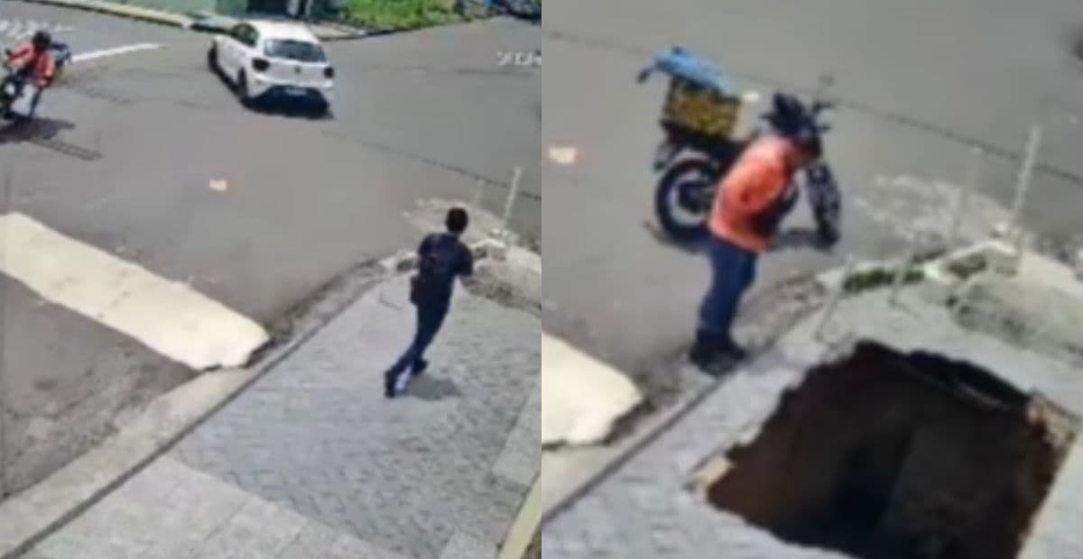 Buraco se abre em calçada e engole pedestre em Manaus; veja o vídeo