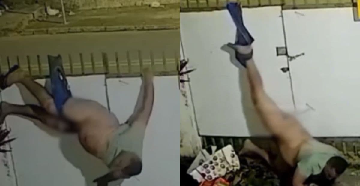 VÍDEO: Durante tentativa de furto, homem invade casa, fica preso no portão e acaba completamente nu