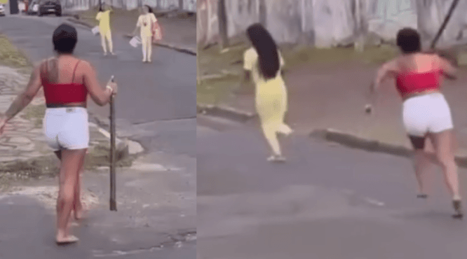 Mulher espera outra sair da prisão e parte para ataque com pedaço de pau